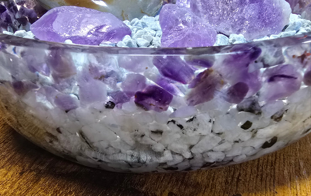 8" Decorative Pairing Bowl - Amethyst and Rainbow Moonstone