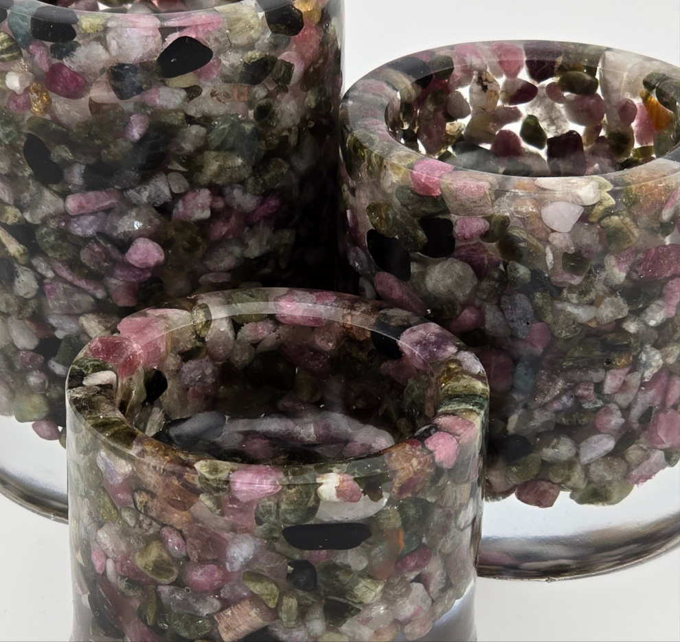 Multicolor Tourmaline Cylinder Tea Light Holder Set closeup