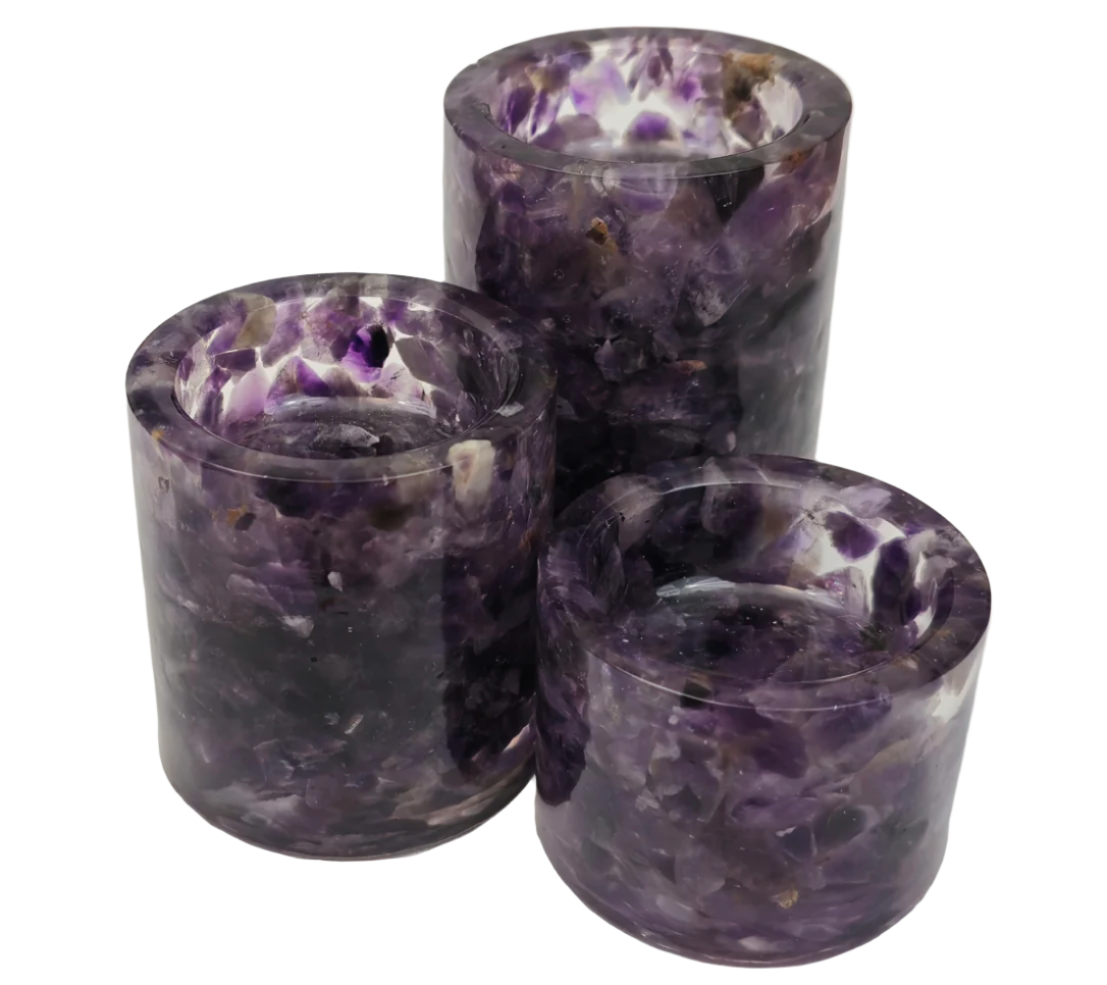 Amethyst Tea Light Holder Set, Front No Candles