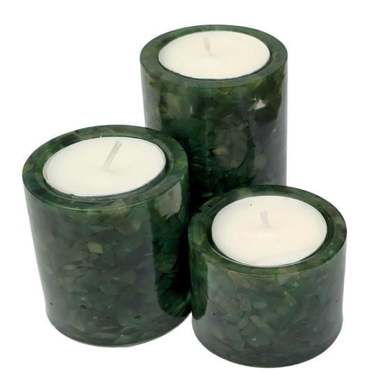 Aventurine Tea Light Holder Set, Front with Candles