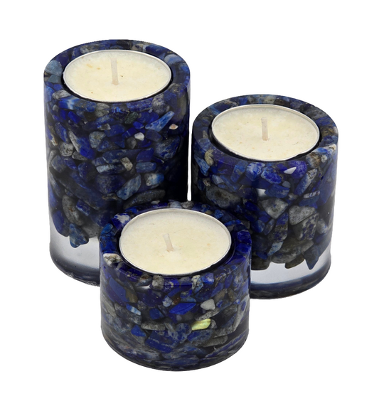 Three decorative Lapis Lazuli tea light candle holders on a white background