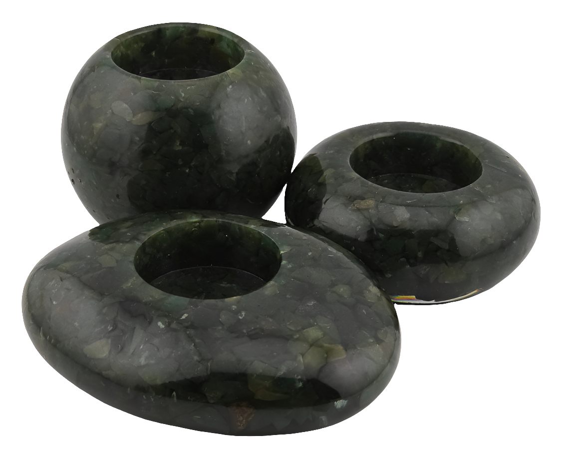 Three green Aventurine tea light candle holders on a white background