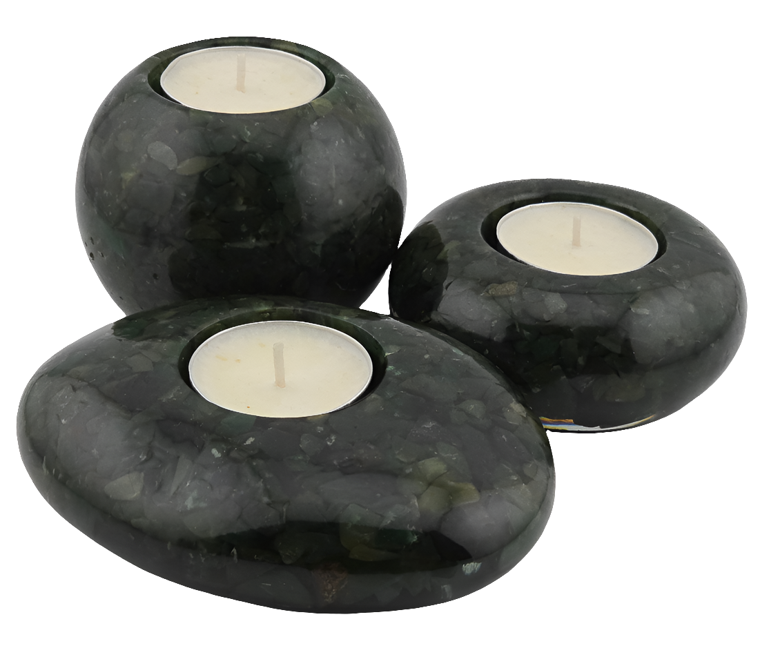 Three dark green Aventurine tea light candle holders with candles on a white background