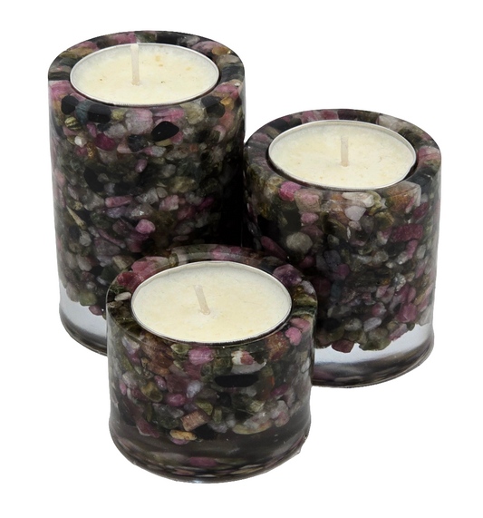 Multicolor Tourmaline Cylinder Tea Light Holder Set w Candles