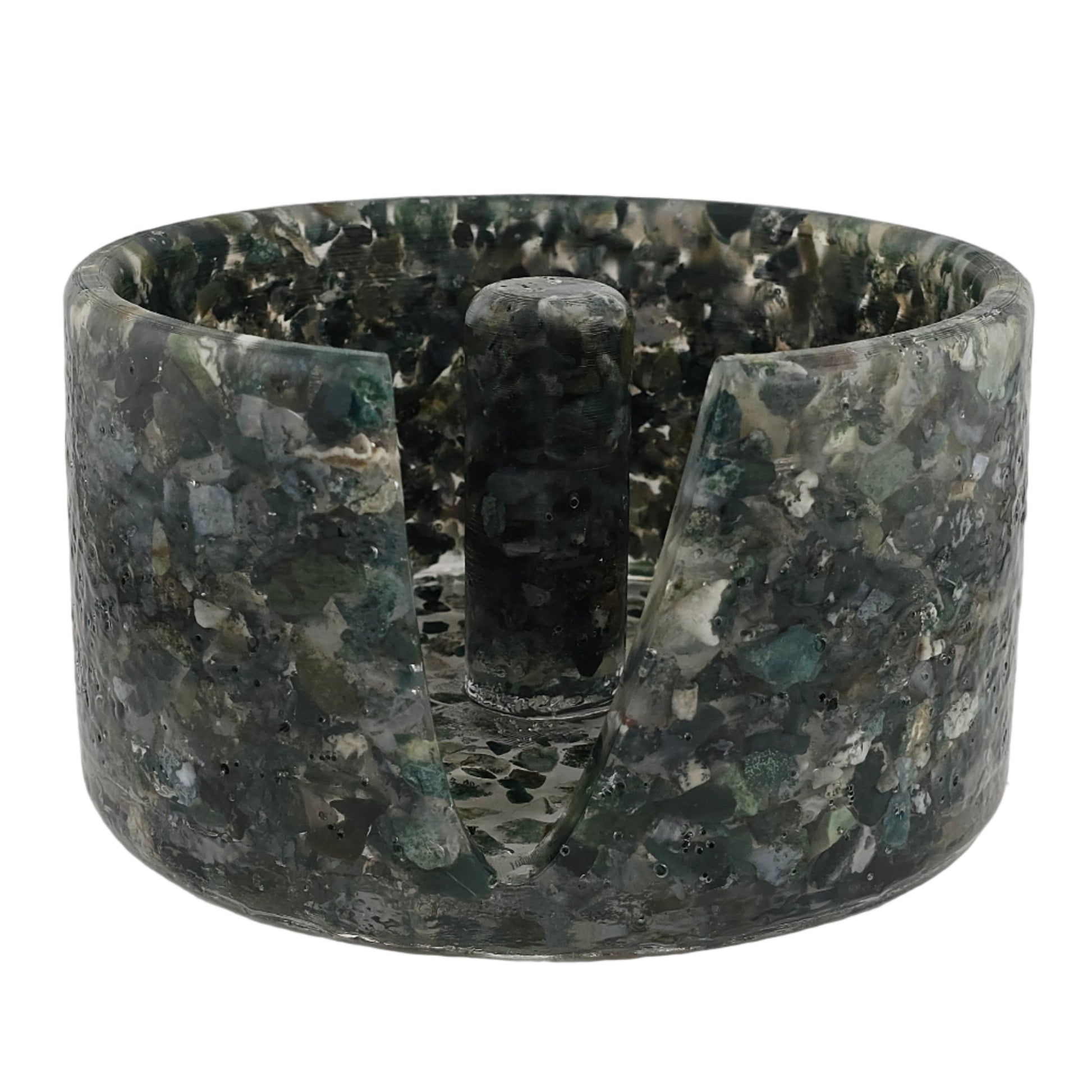 Moss Agate Paper Towel Holder on white background