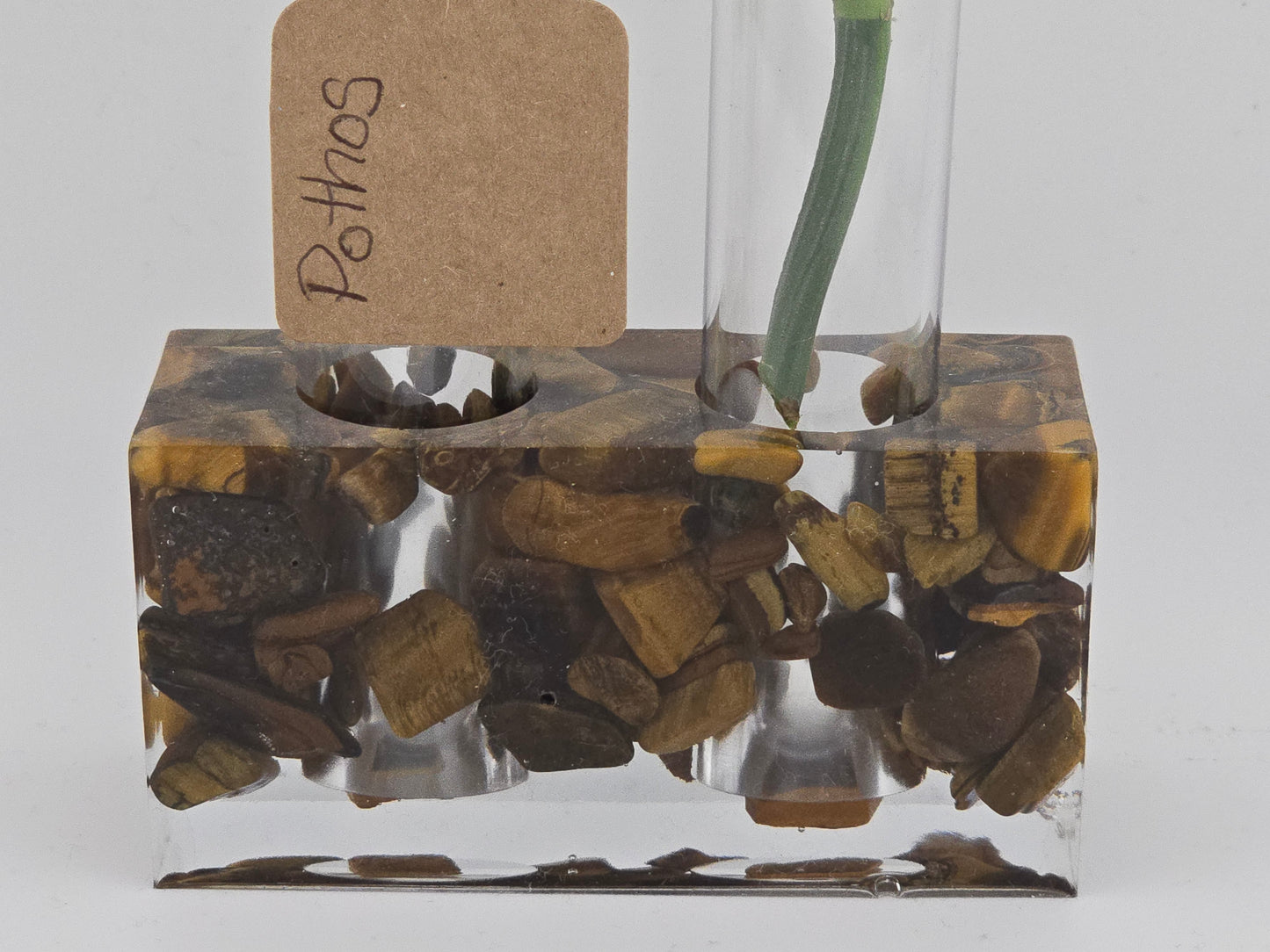 Tigers Eye 2-Hole Propagation Station 3.75"W x 1.45'D x 2"H natural stone, epoxy resin up close