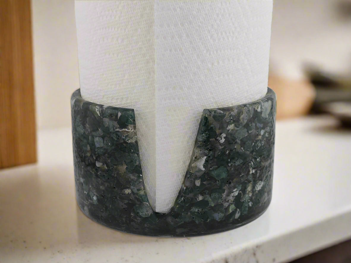 Moss Agate Paper Towel Holder on countertop
