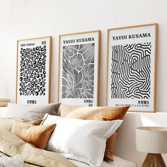 Black White set of 3 Piece Abstract Kusama Art