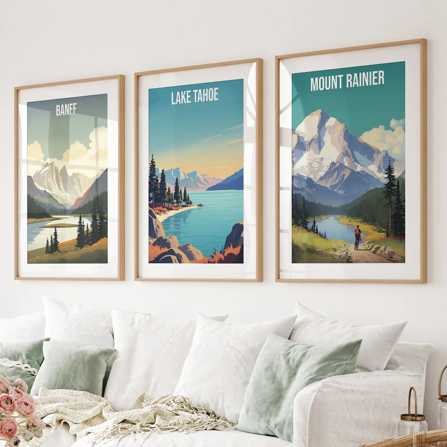 Set of 3 Travel Prints. Banff, Lake Tahoe, Mount Rainier Posters