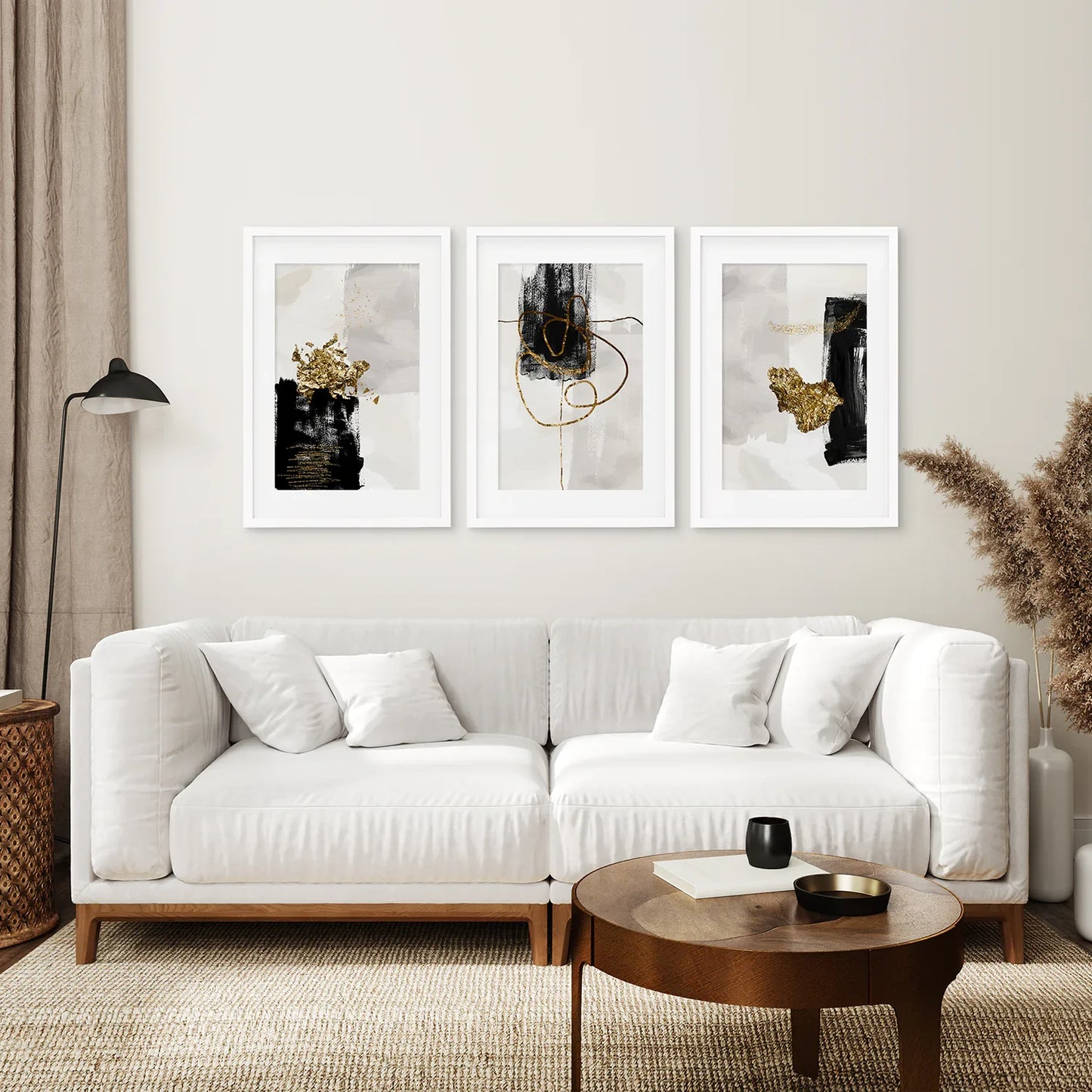 3 Piece Modern Scandinavian Wall Art Set. Black and Gold