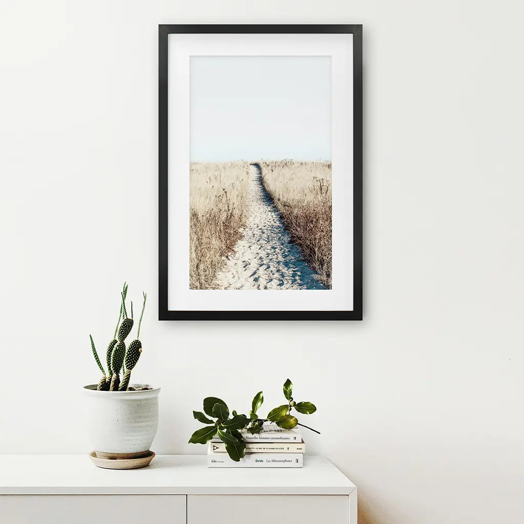 Calm Beach Wall Art Print. Sand Dunes, Dried Grass