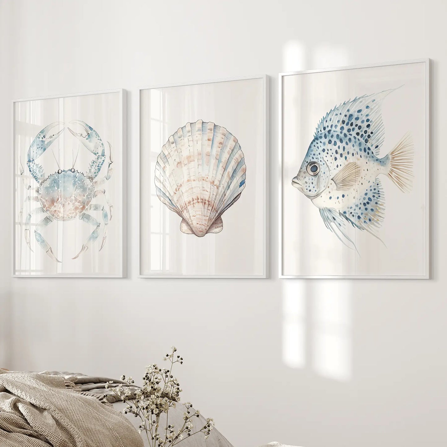 Watercolor Light Blue Nautical 3 Piece Art. Crab, Shell, Fish