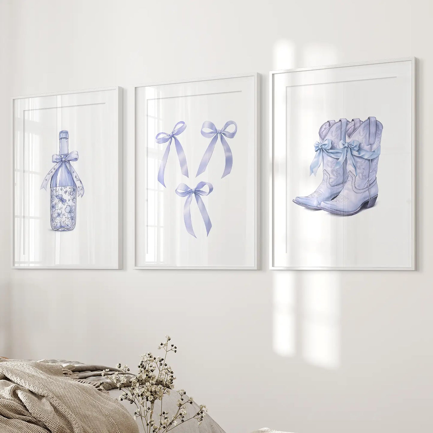 Trendy Blue Bows Girly Wall Art Set of 3 Print