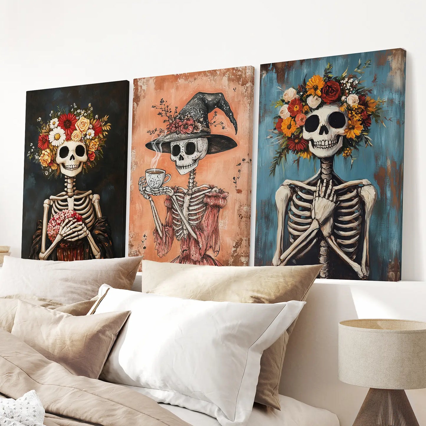Cozy Floral Skeleton Wall Art Decor Poster Set