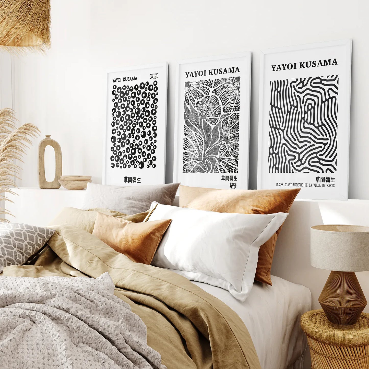 Black White set of 3 Piece Abstract Kusama Art