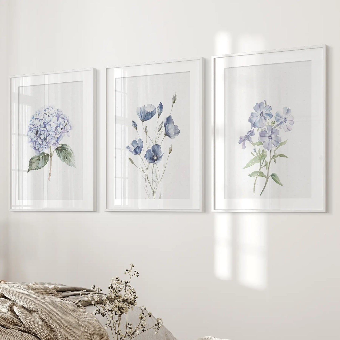 Watercolor Blue Flowers.Wall Art Set of 3 Piece