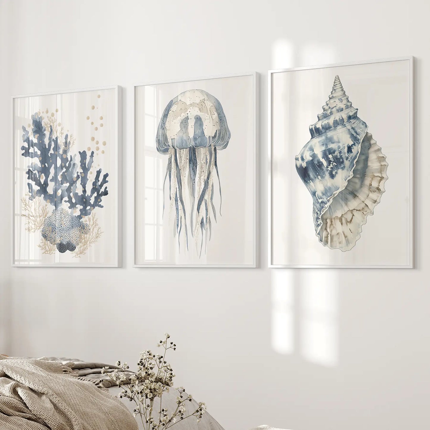 Beach House Wall Art Set. Blue Coral, Jellyfish, Shell
