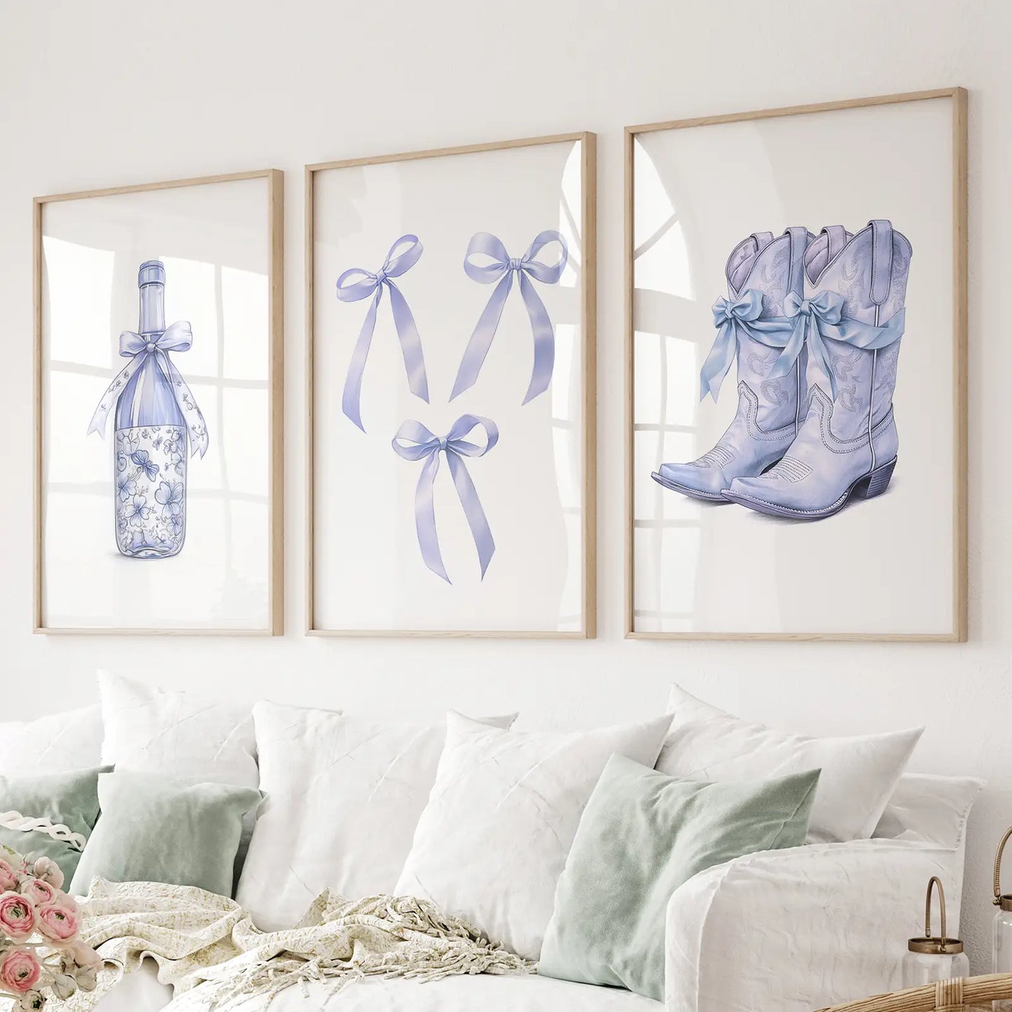 Trendy Blue Bows Girly Wall Art Set of 3 Print