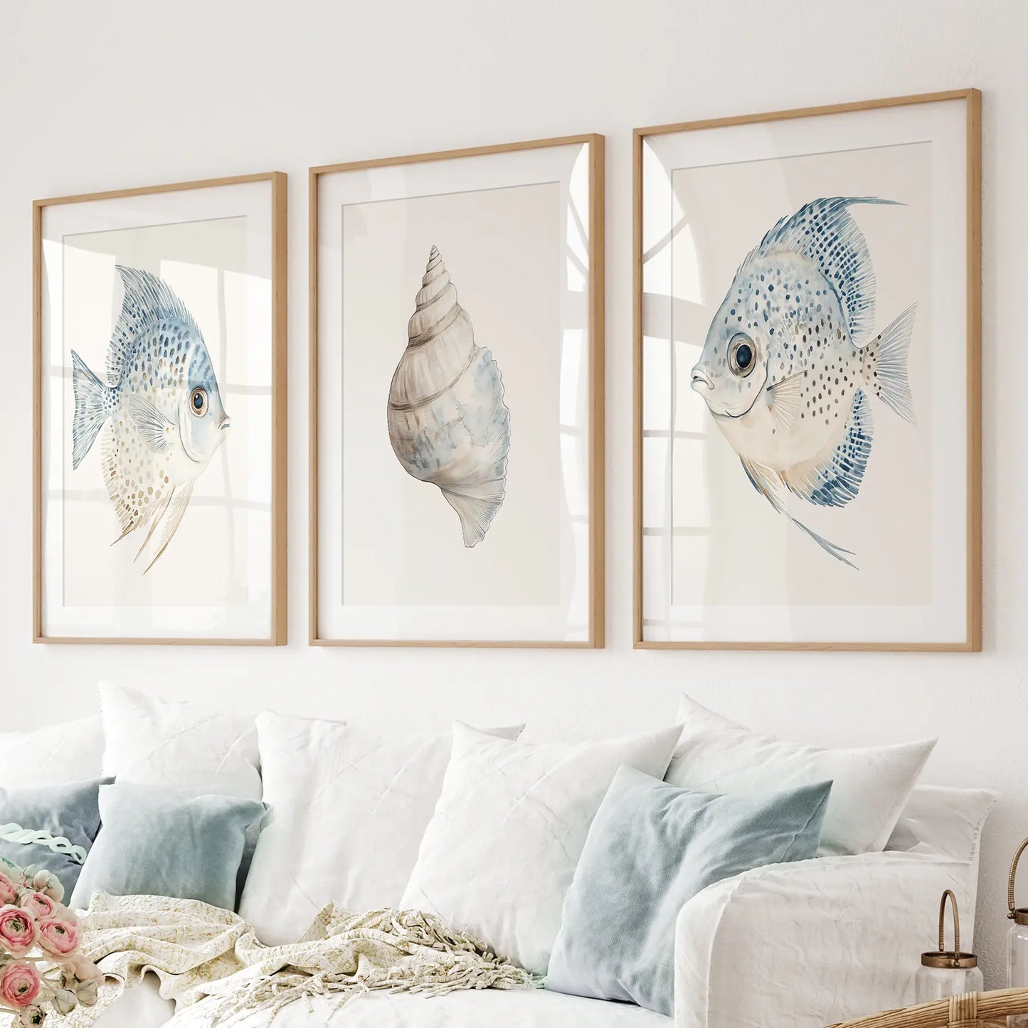 Trendy Nautical Wall Art Set of 3. Seashell and Fishes Posters