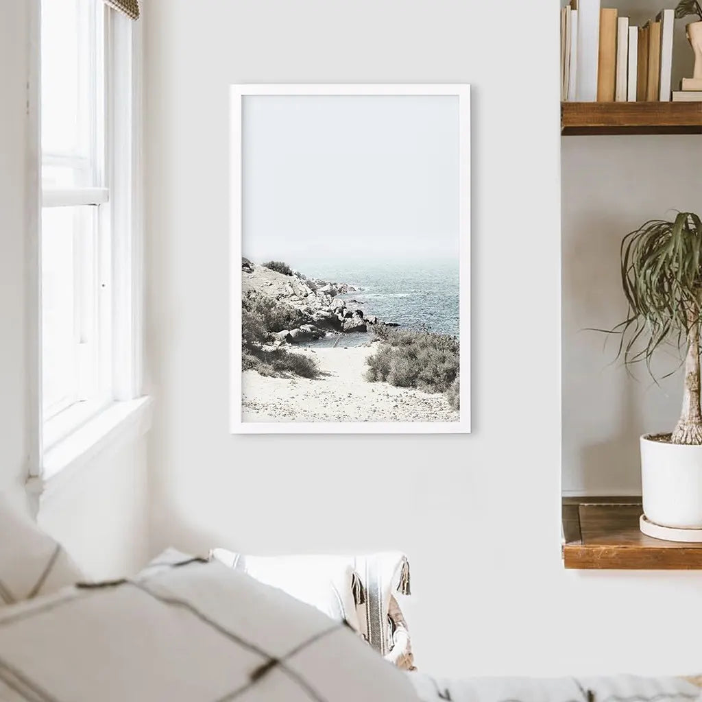 Sea Rocks and Waves Print. Blue Beige Coastal Wall Art