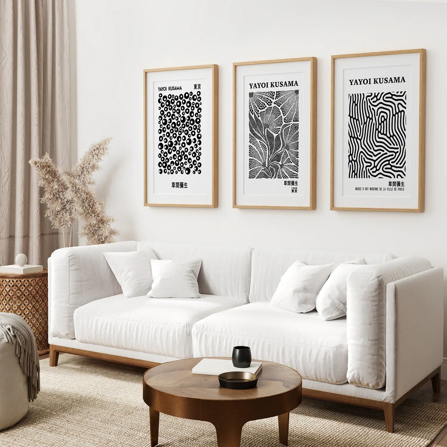 Black White set of 3 Piece Abstract Kusama Art