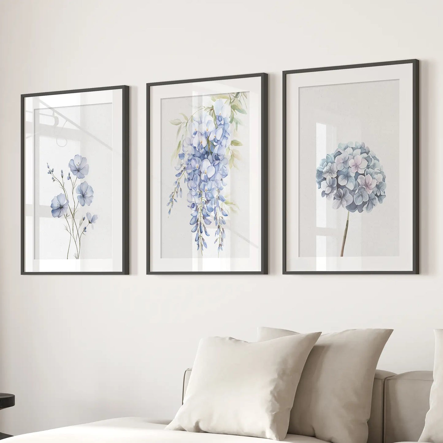 Set of 3 Blue Watercolor Minimalist Flowers Prints