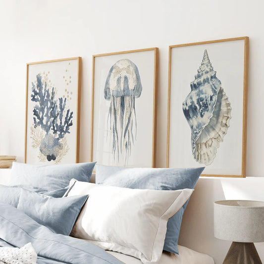 Beach House Wall Art Set. Blue Coral, Jellyfish, Shell