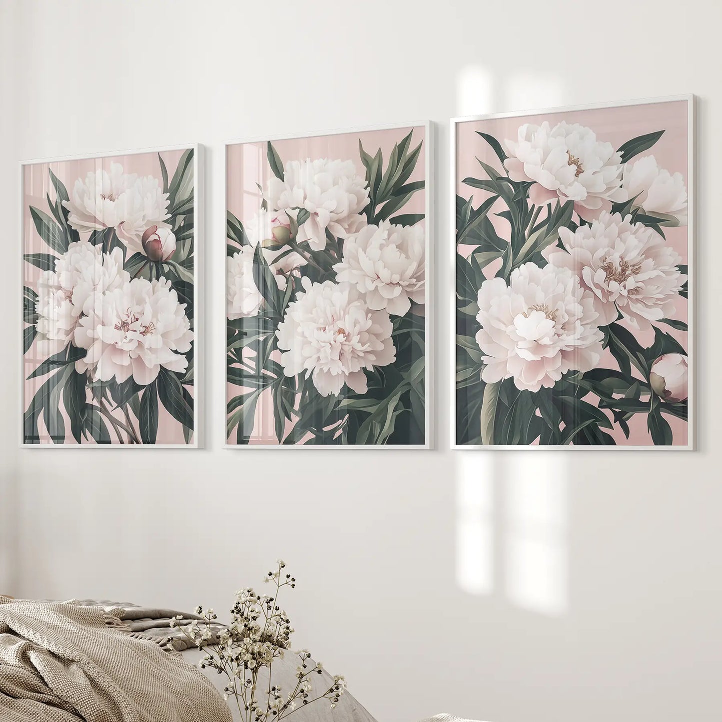 Peonies Flowers Wall Art Set of 3. Pink and Green Decor