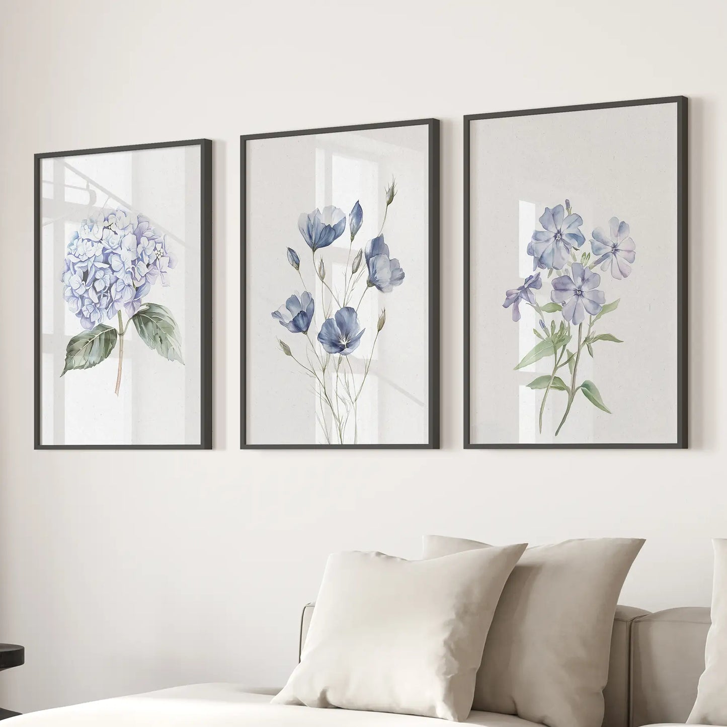 Watercolor Blue Flowers.Wall Art Set of 3 Piece