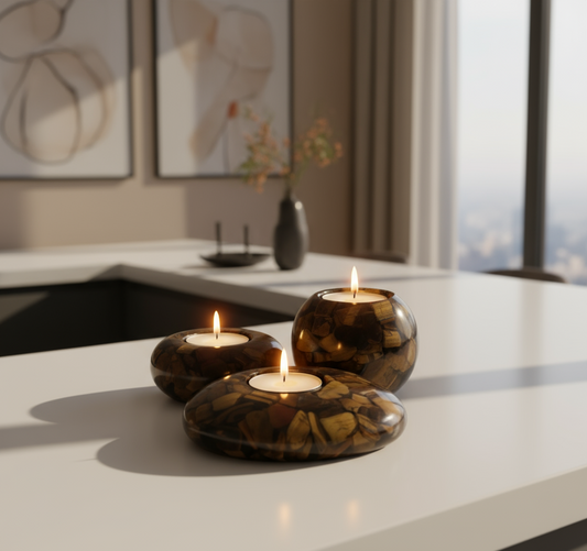 Three tiger eye stone candle holders with candles on a white background