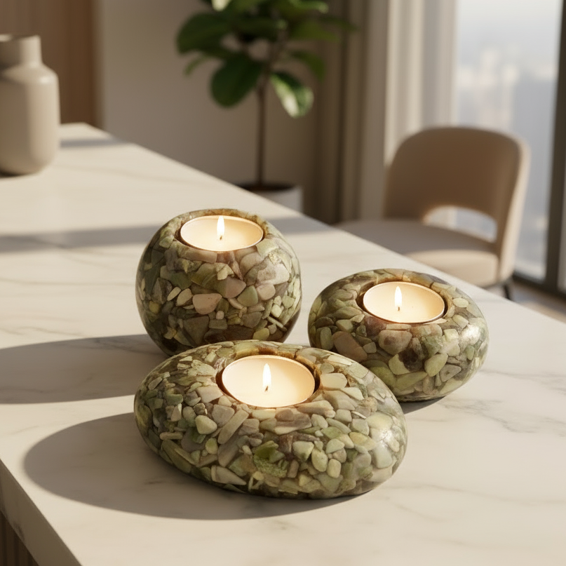Three Serpentine Epoxy tea light candle holders with candles on a white background