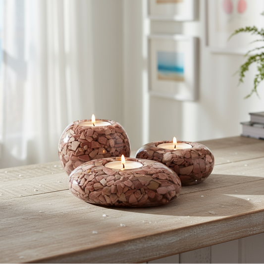 Pink Opal Tea Light Holder 3 piece Set w Candles