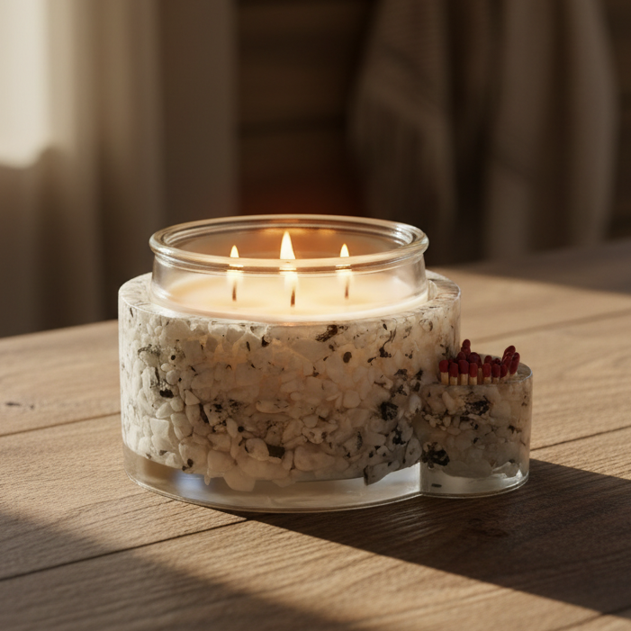 Rainbow Moonstone Candleholder on wood table in cabin