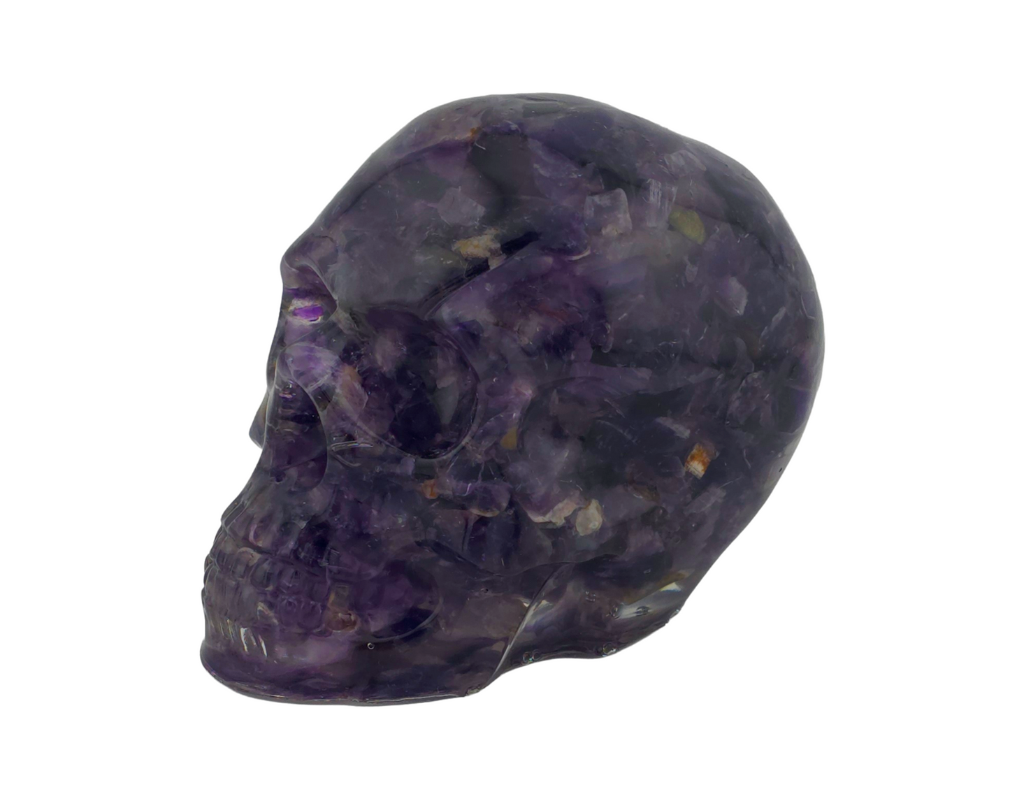 Amethyst and epoxy resin skull side view
