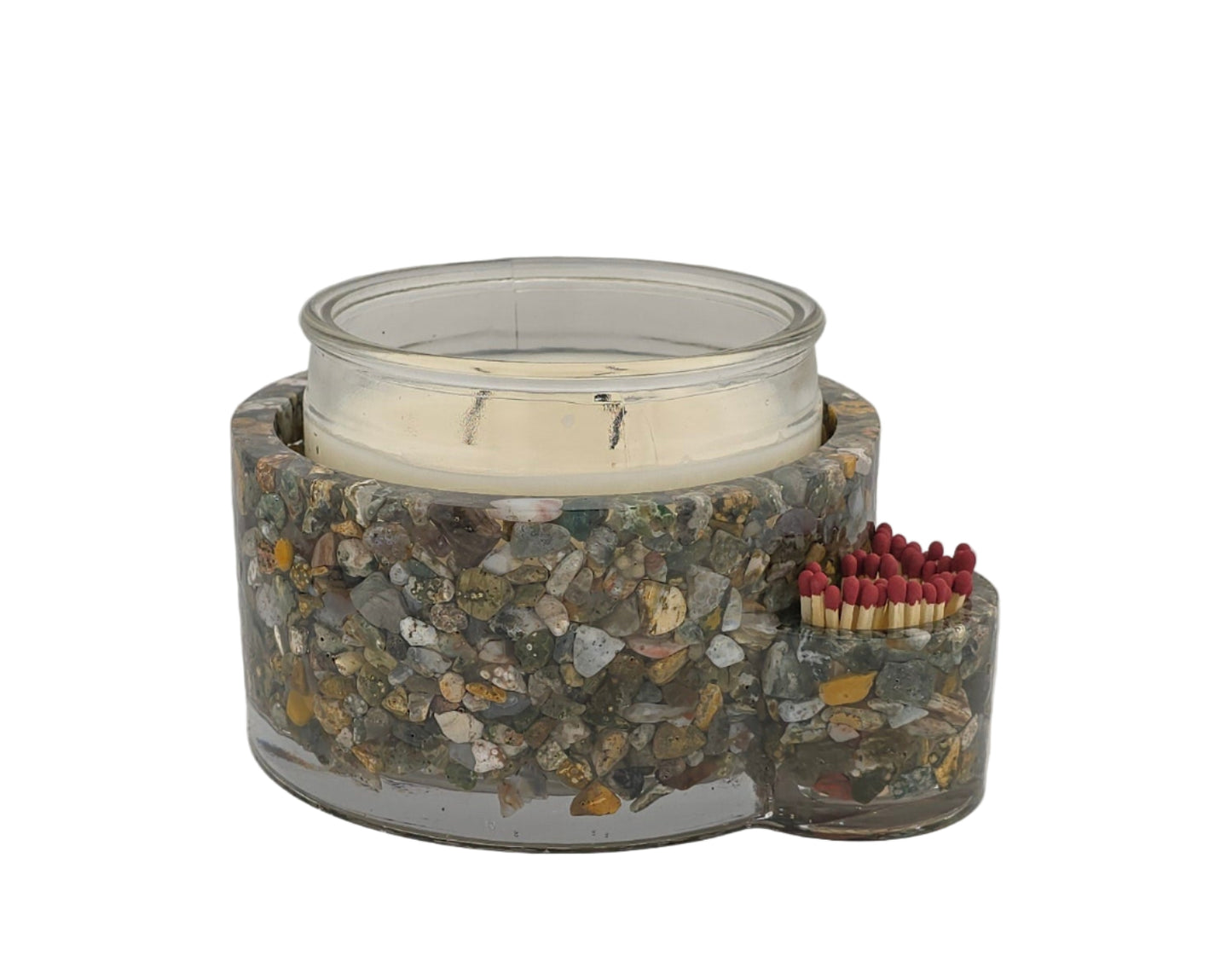 Ocean Jasper candle holder with candle and matches-White Background