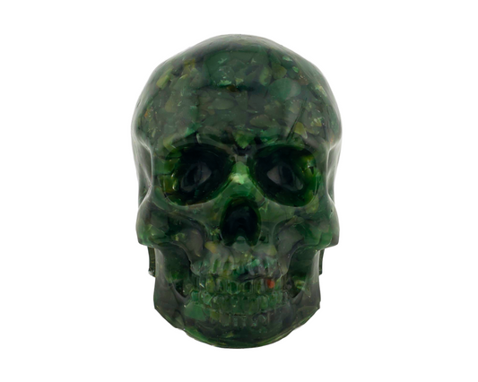 Aventurine and Epoxy resin skull on white background