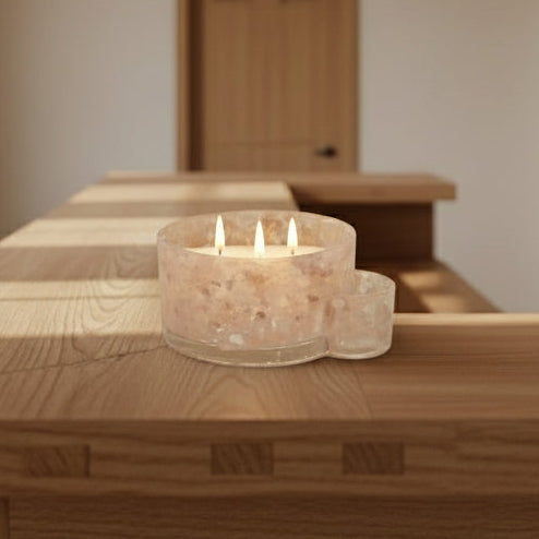 Rose Quartz Bar countertop candle holder with lit candle and matches