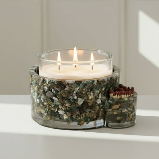 Ocean Jasper candle holder with candle and matches-Counter Top