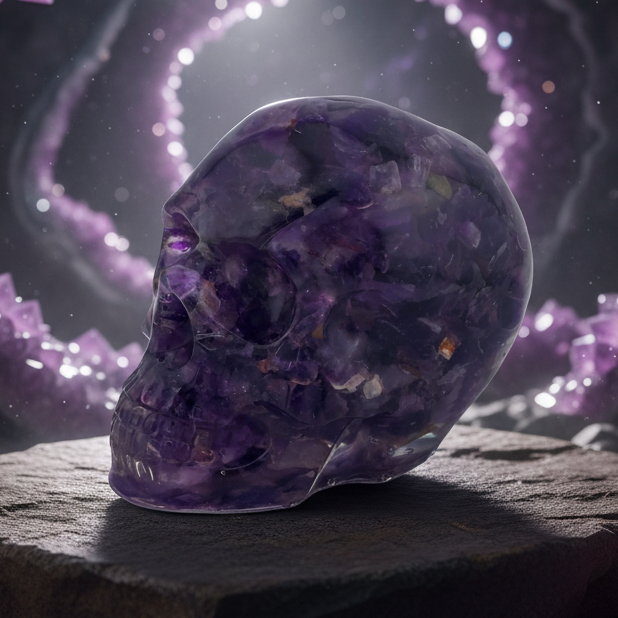 amethyst and epoxy resin skull in an amethyst mine