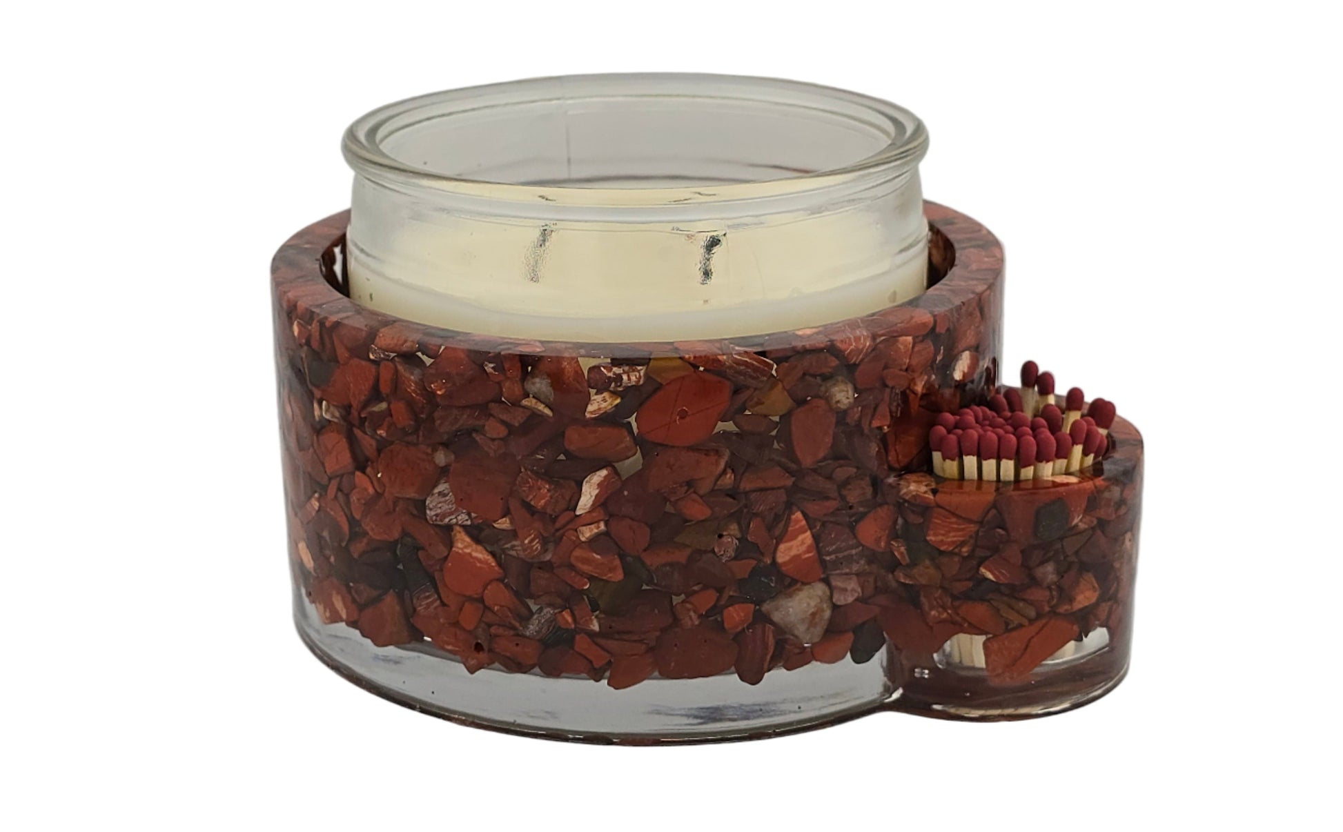 Snakeskin Jasper candle holder with candle and matches- white background
