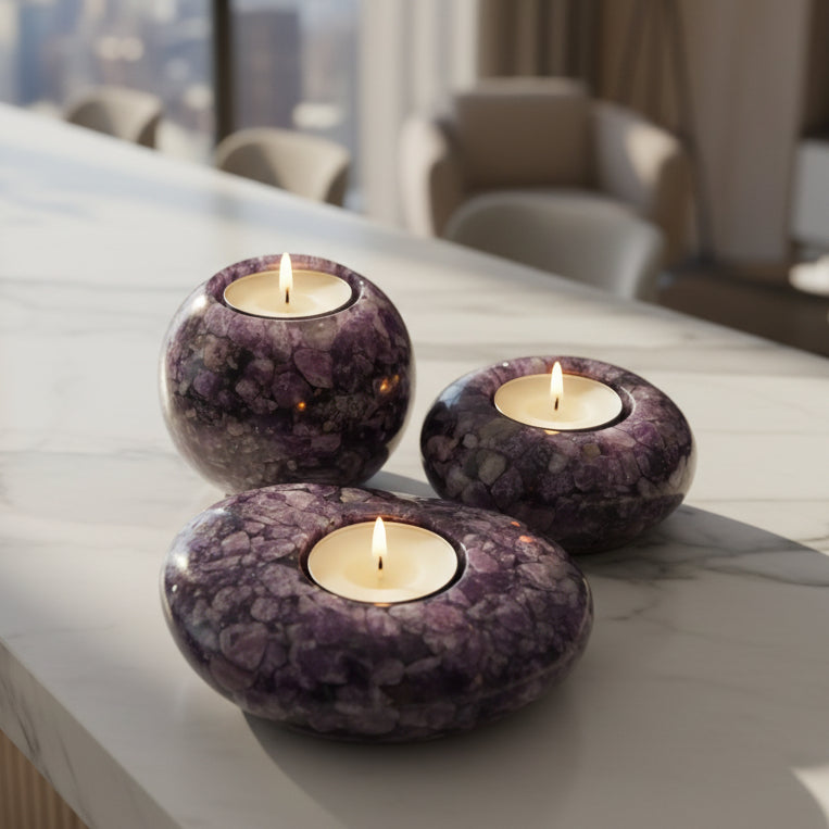Lepidolite Tea Light Holder Set