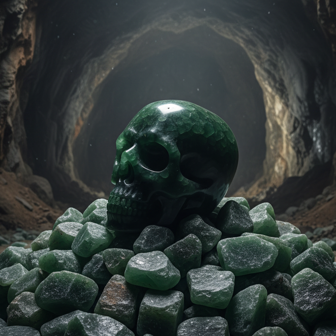 Dark Green Aventurine and Epoxy Resin Skull, on a pile of rough aventurine, in a mine