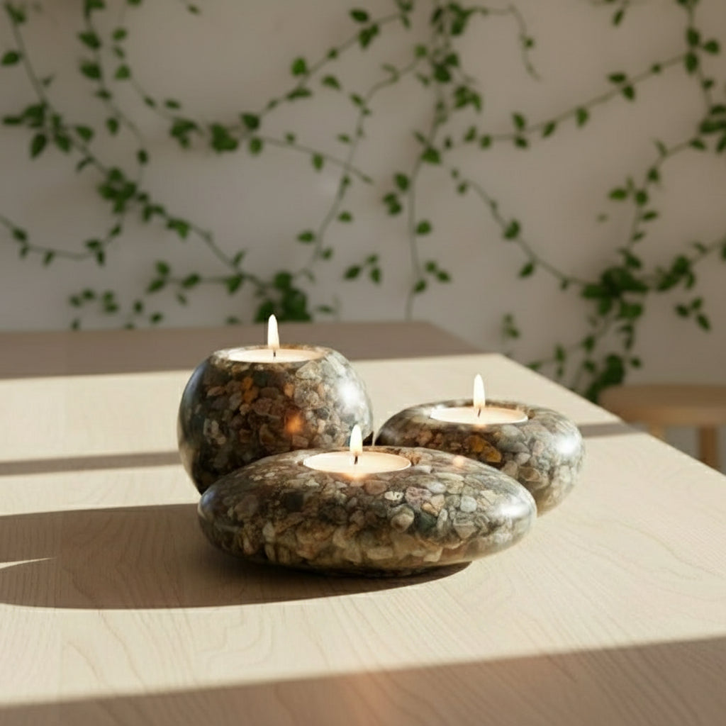 Ocean Jasper Tea Light Holder 3 piece Set w Candles