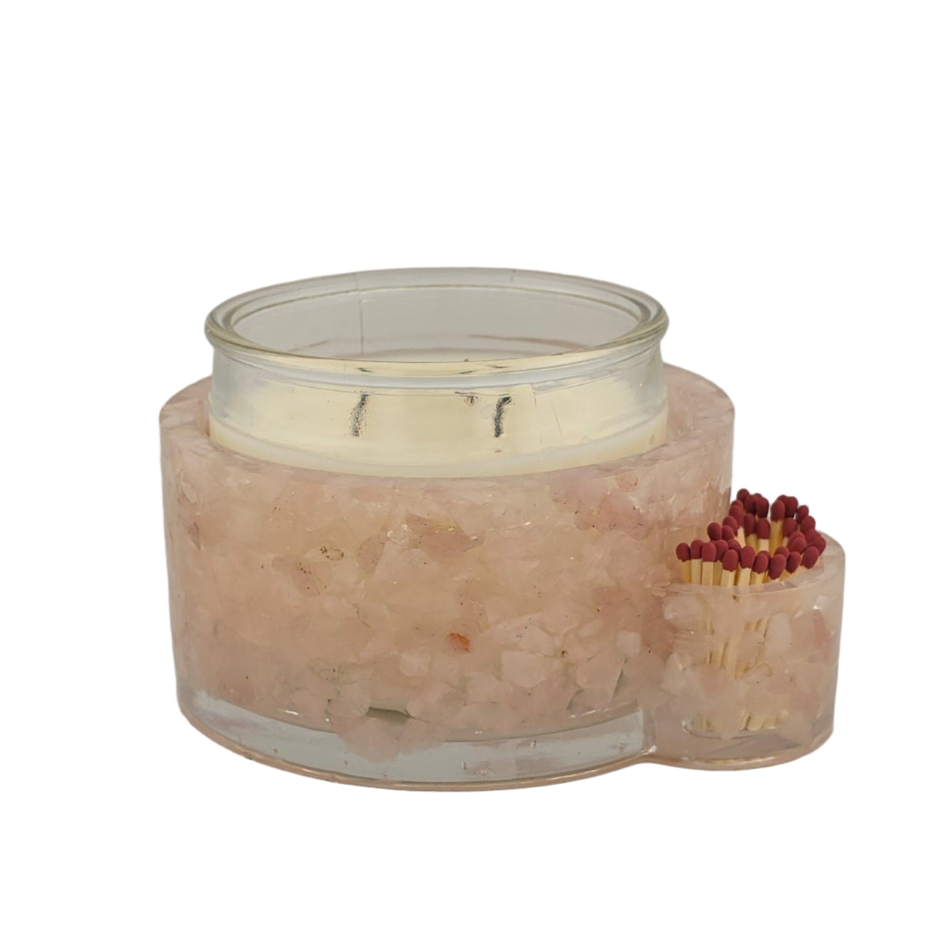 Rose Quartz candle holder with candle and matches- White Background

