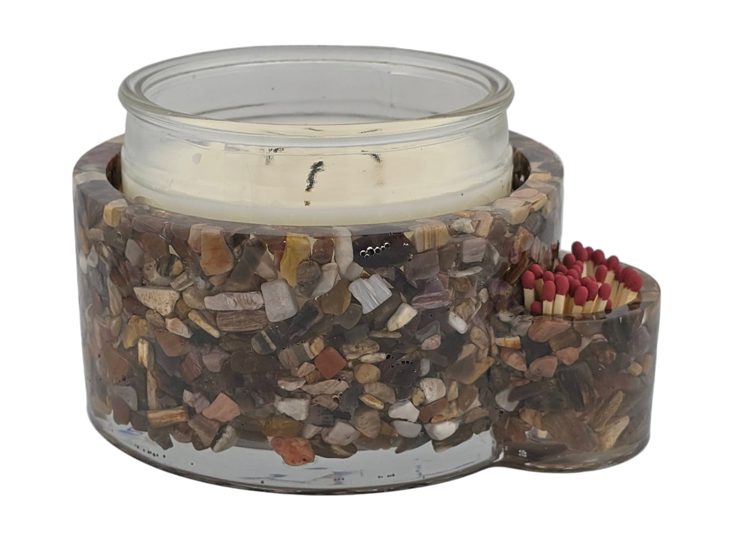 Petrified Wood Candleholder with Match Storage-white background