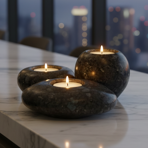 Modern Tea Light Holder Set - Larvikite