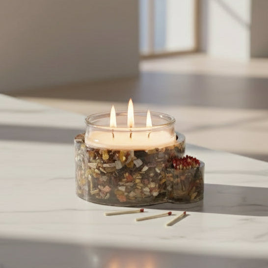 Petrified Wood Candleholder with Match Storage-lit candle
