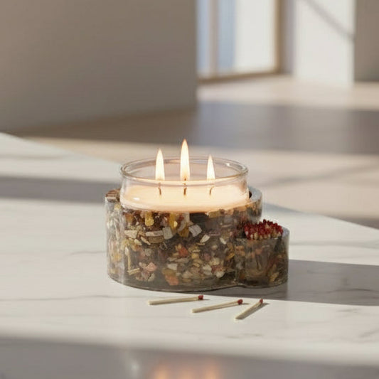 Petrified Wood Candleholder with Match Storage-lit candle
